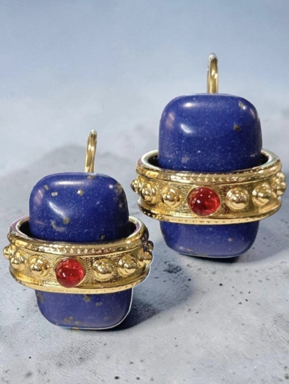 18k Gold Plated Lapis Lazuli Ruby Glass Cabochon Byzantine Earrings